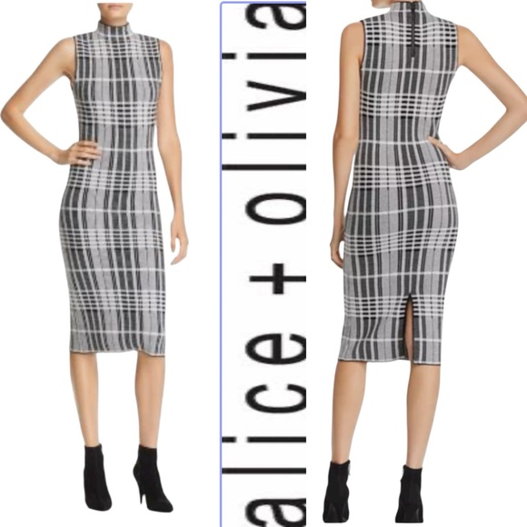 Alice + Olivia Classics Hana Sheath Dress B & W Check Mock Neck Sleeveless SZ SP - Picture 1 of 16